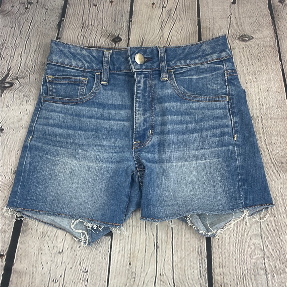 American Eagle Outfitters Hi Rise Shortie Classic Blue Denim Cutoff Shorts sz 2
